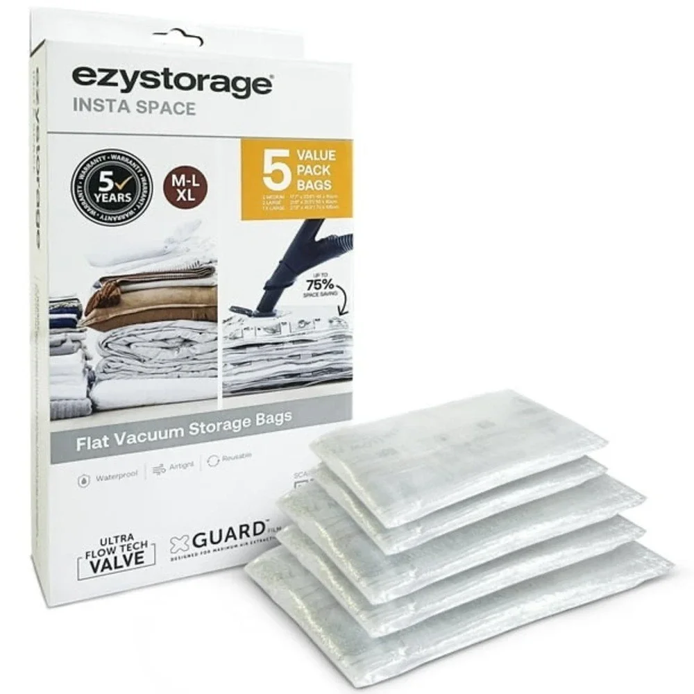 Ezystorage Insta Space Flat Vacuum Storage Bags 5 Pack Assorted Sizes M L XL‎